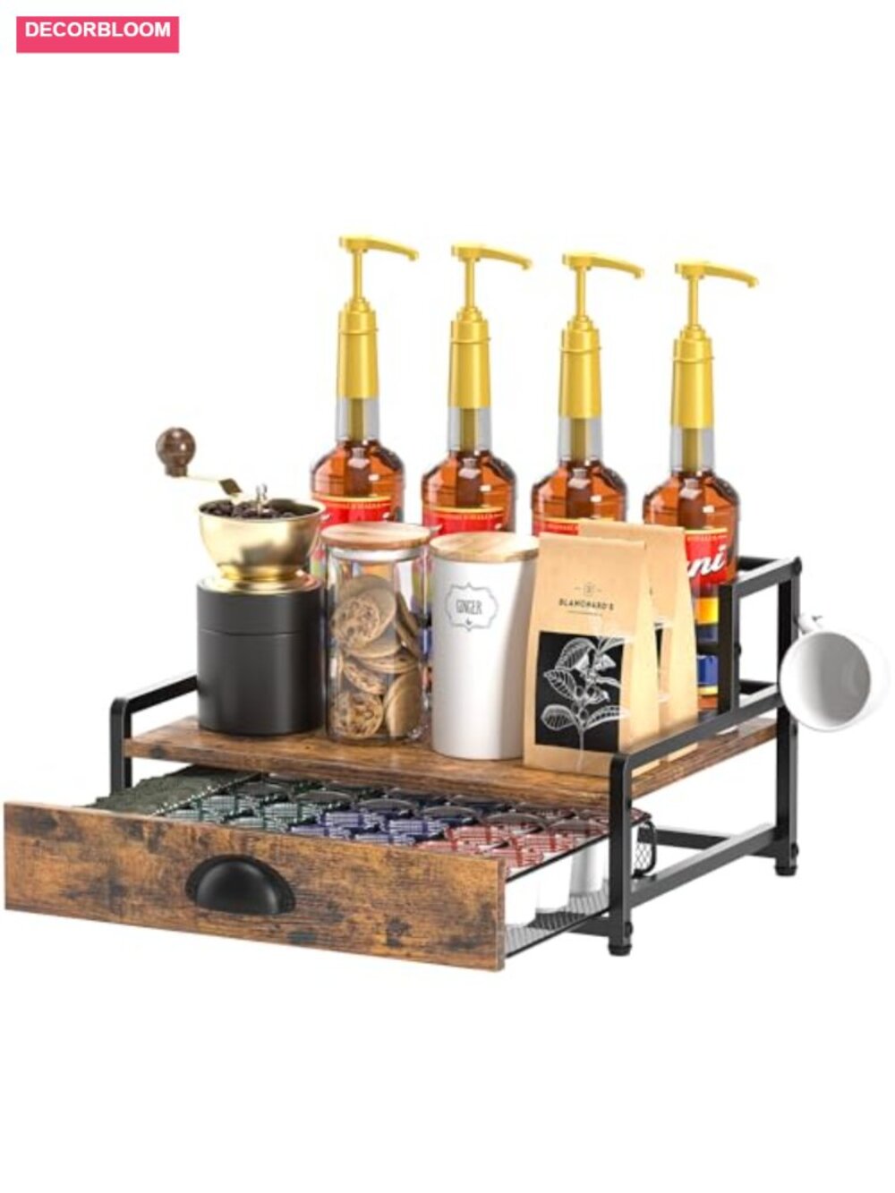 Coffee Syrup Rack Organizer and K Cup Holder with Drawer for Countertop